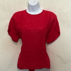 H-183 Marlis Vintage‎ Red Pleated Front Short Sleeve Pullover Blouse Size 8